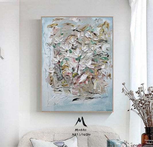 White Flower Painting Heavy Texture Painting Flower Wall Art Original Flower Abstract Painting Green Canvas Art Flower Paintings on Canvas