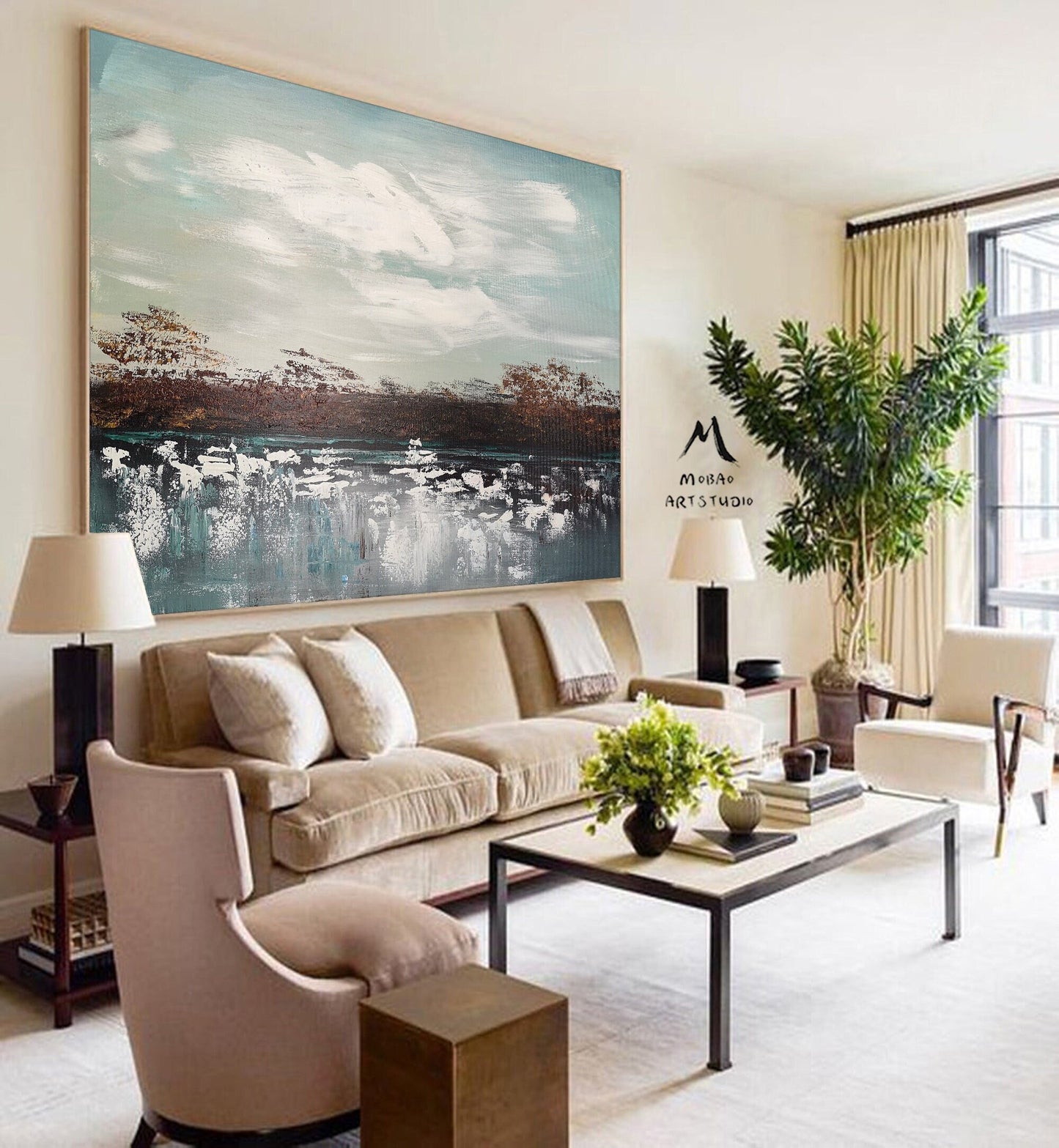 Original White Cloud Painting,Sky Abstract Painting,Sea Abstract Art Painting,Large Ocean Painting,Bronze Abstract Painting,Living room art