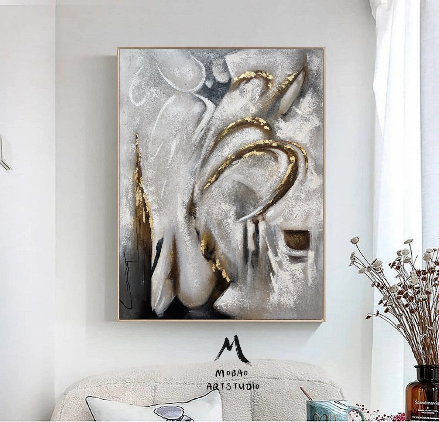 Extra Large Wall Art Large Gold Abstract Art Boho Wall Art Gray Minimalist Art Gold Abstract Painting Gray Art Painting Living Room Wall Art