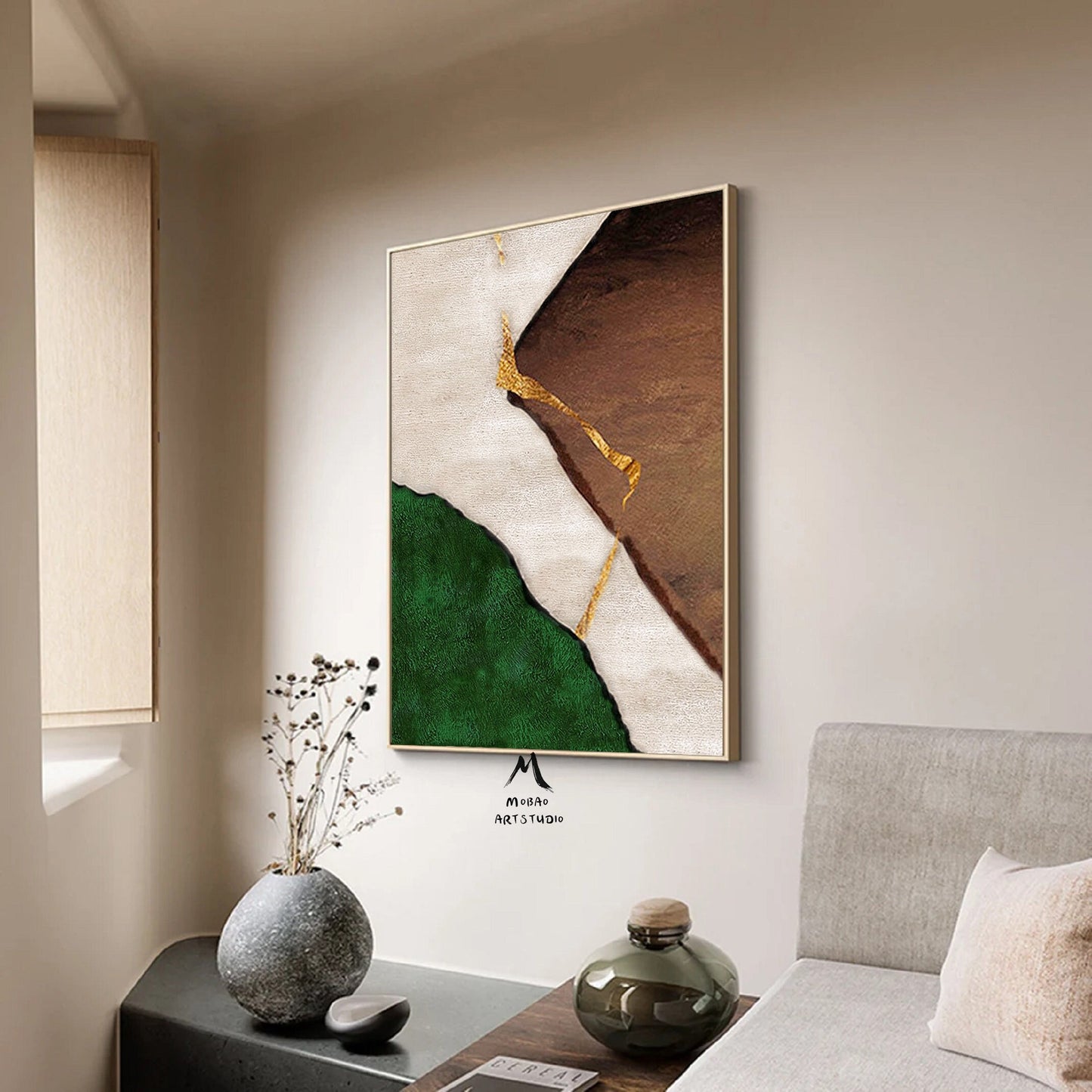 Wabi Sabi Wall Art Green Minimalist Art Boho Wall Art Green Abstract Painting Beige Minimalist Painting Green Wall Art Brown Canvas Painting