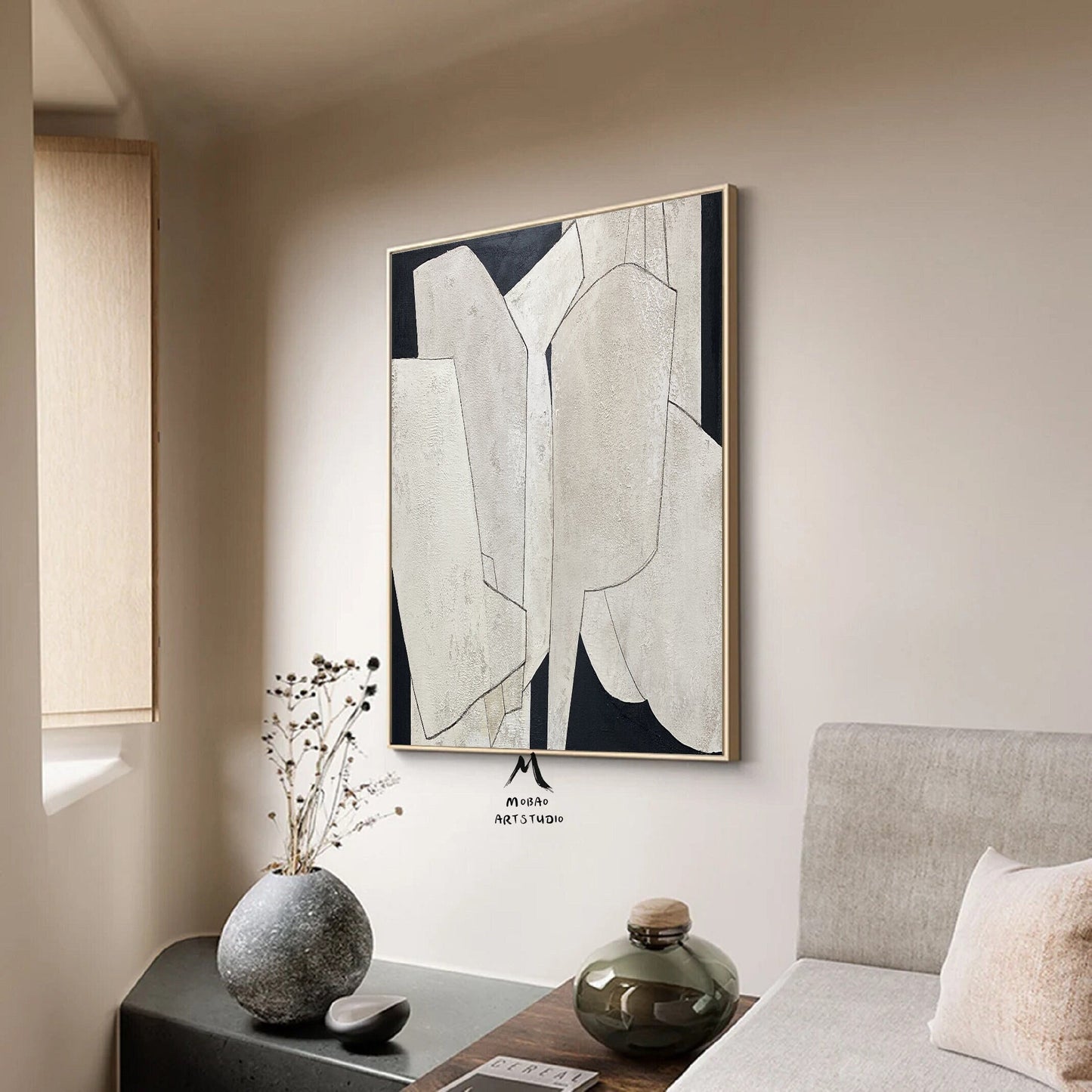 Beige Wall Art Beige Boho Wall Art Beige Abstract Painting on Canvas Wabi Sabi Wall Art Beige Textured Art Black and Biege Contemporary Art