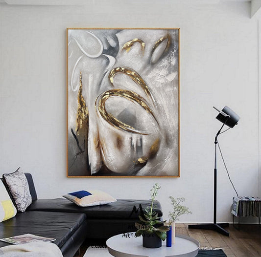 Large Gold Abstract Art Boho Wall Art Gray Minimalist Art Gold Abstract Painting Extra Large Wall Art Gray Art Painting Living Room Wall Art