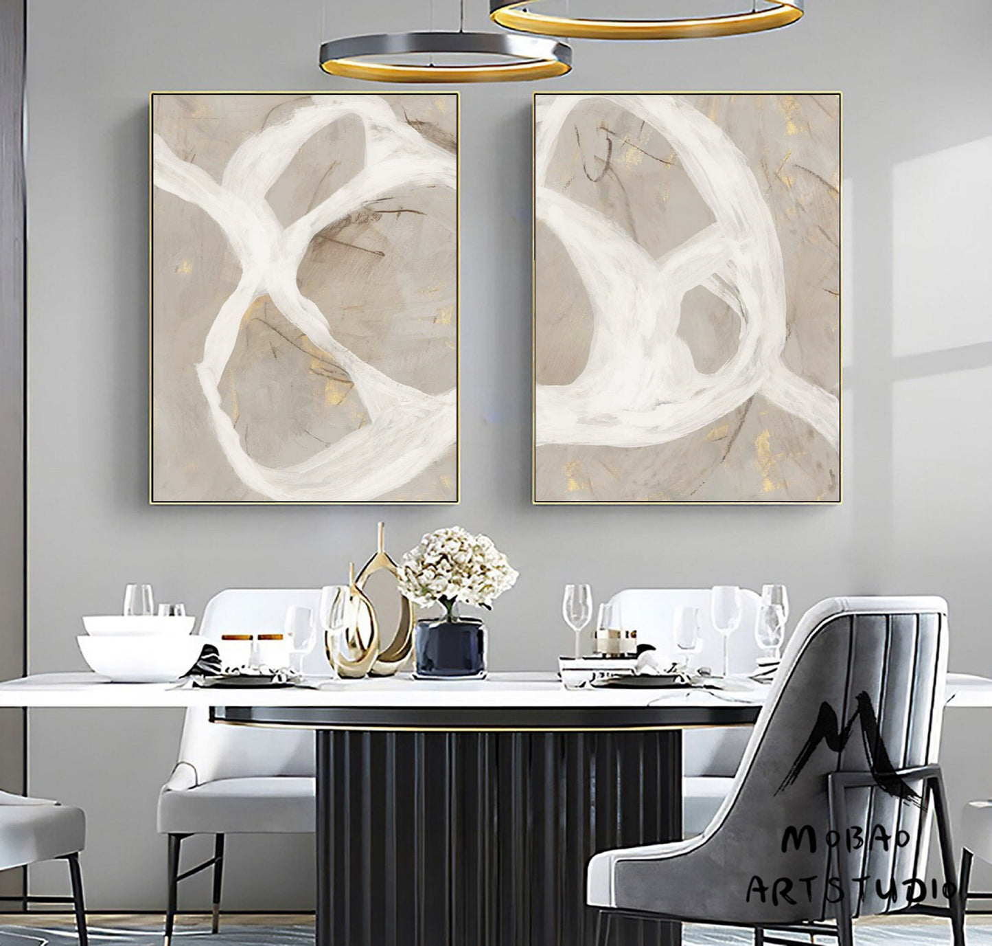 Set of 2 White Abstract Art Beige Abstract Art Boho Wall Art Beige Canvas Art Set of 2 White Beige Wall Art Painting Beige Minimalist Art