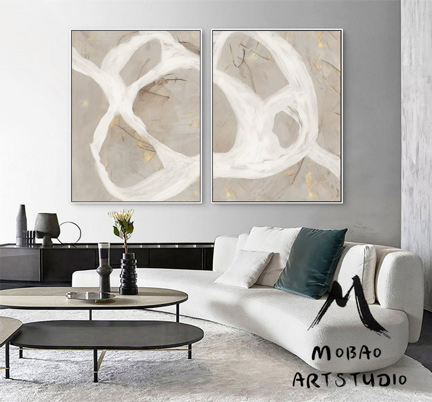 Set of 2 White Abstract Art Beige Abstract Art Boho Wall Art Beige Canvas Art Set of 2 White Beige Wall Art Painting Beige Minimalist Art