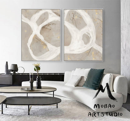 Set of 2 White Abstract Art Beige Abstract Art Boho Wall Art Beige Canvas Art Set of 2 White Beige Wall Art Painting Beige Minimalist Art