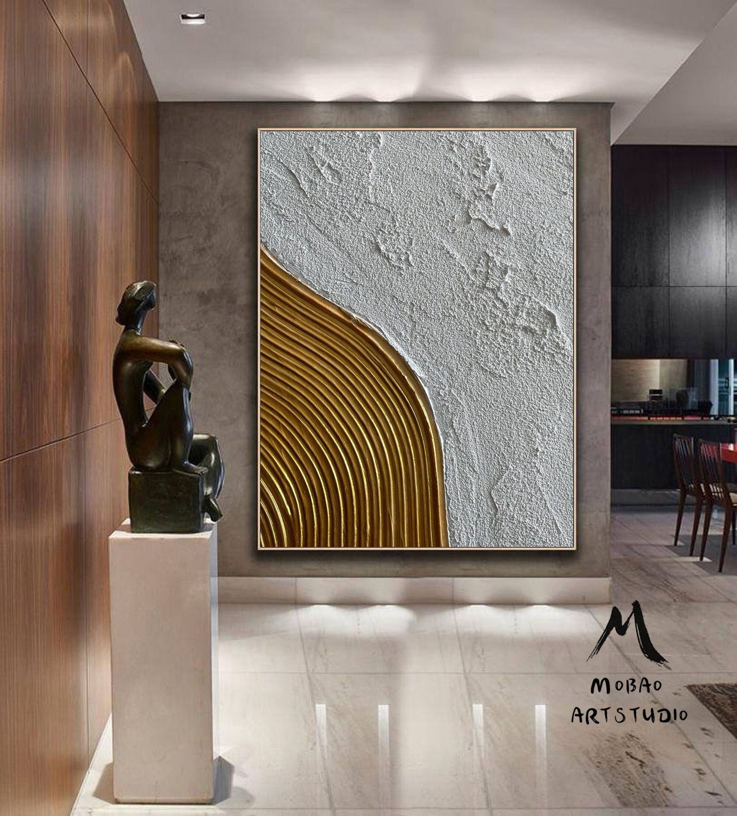 White Minimalist Painting Large White Textured Abstract Painting Gold Abstract Painting Gold 3D Textured Painting Modern Abstract Painting