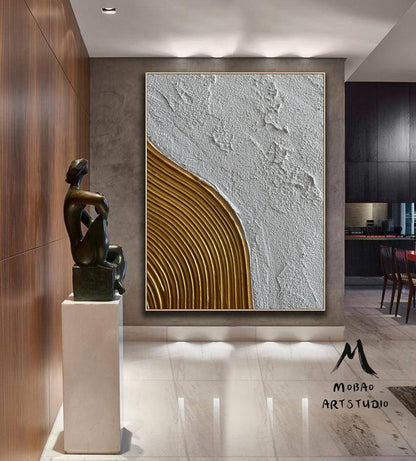 White Minimalist Painting Large White Textured Abstract Painting Gold Abstract Painting Gold 3D Textured Painting Modern Abstract Painting