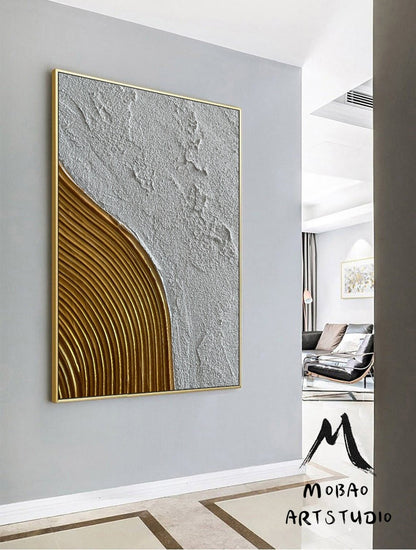 White Minimalist Painting Large White Textured Abstract Painting Gold Abstract Painting Gold 3D Textured Painting Modern Abstract Painting