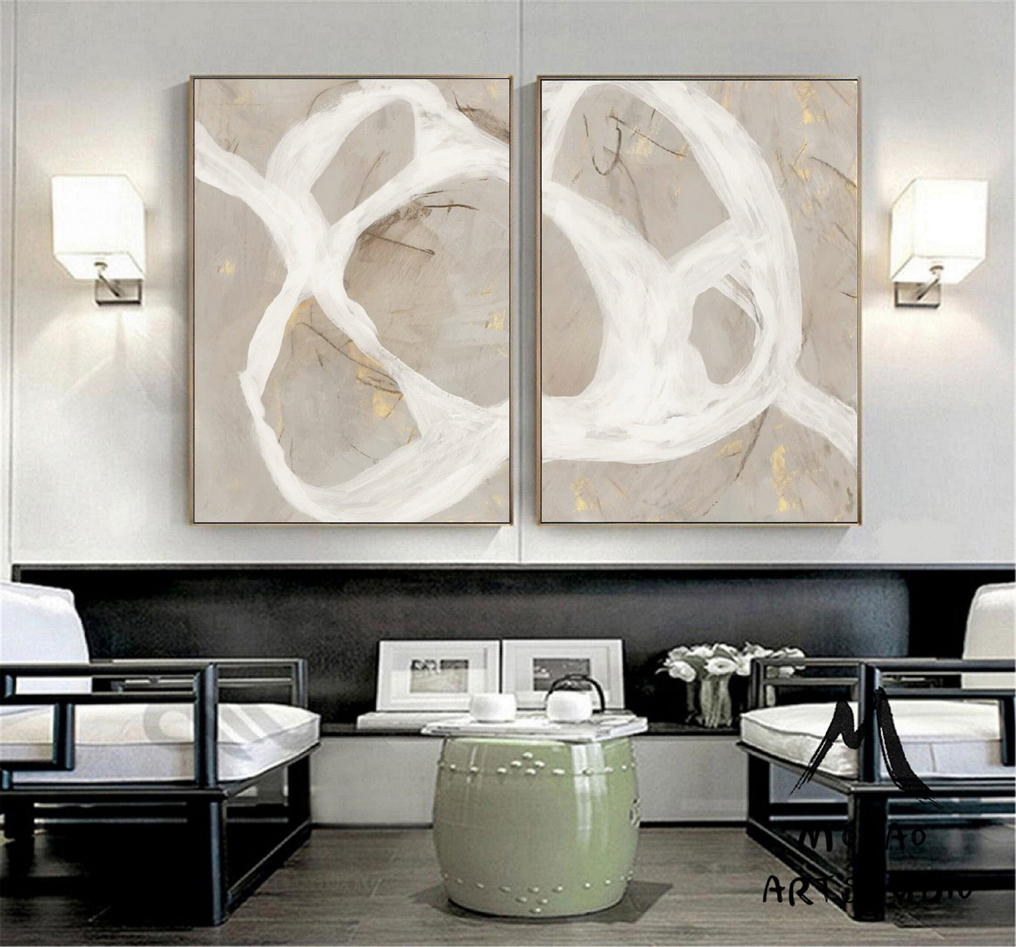 Set of 2 White Abstract Art Beige Abstract Art Boho Wall Art Beige Canvas Art Set of 2 White Beige Wall Art Painting Beige Minimalist Art