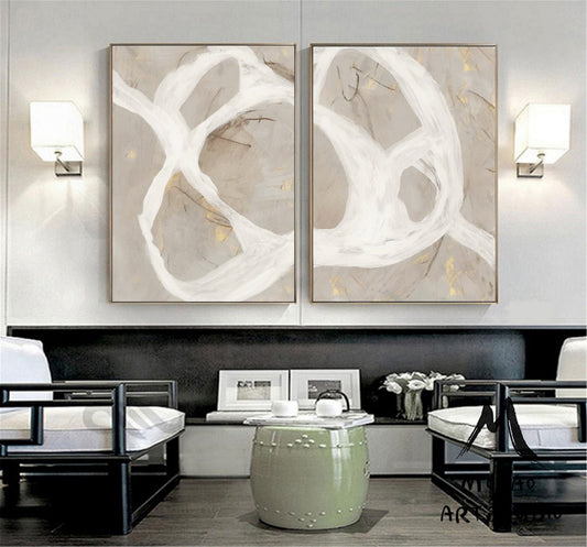 Set of 2 White Abstract Art Beige Abstract Art Boho Wall Art Beige Canvas Art Set of 2 White Beige Wall Art Painting Beige Minimalist Art