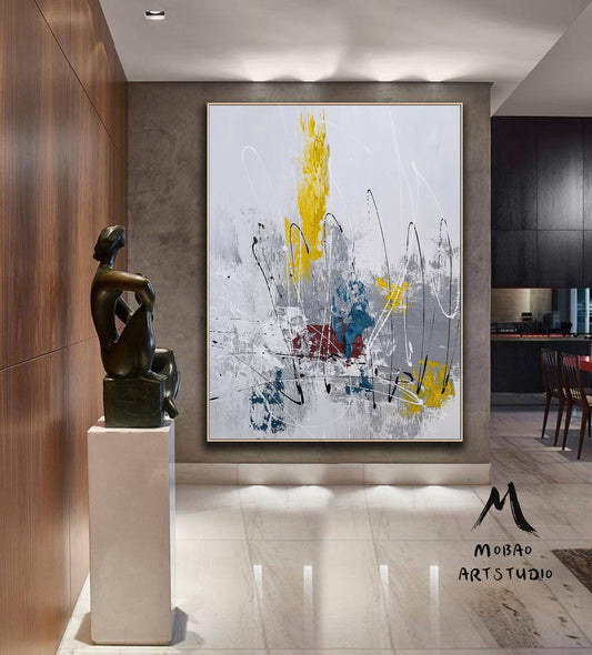 Large Abstract Painting,White Painting Blue Textured Painting, Minimalist Abstract Painting, Abstract Painting, Large Wall Canvas Painting