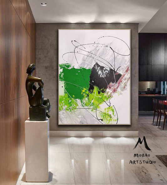 Large Green Abstract Painting Green 3D Textured Painting Black Minimalist Painting White Wall Art Painting Green Wall Art Green Wall Decor