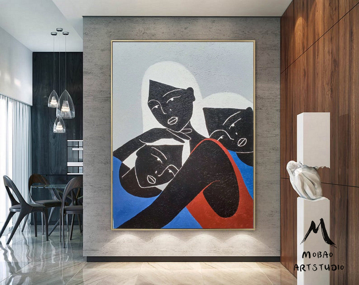 Original Black Women Art Painting Minimalist Art Abstract Painting, Blue Abstract Painting, Large Abstract Painting, Large Sofa Wall Art