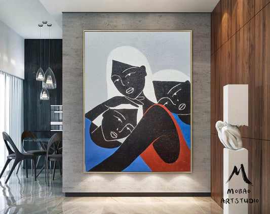 Original Black Women Art Painting Minimalist Art Abstract Painting, Blue Abstract Painting, Large Abstract Painting, Large Sofa Wall Art