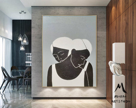Large Black Women Abstract Painting Original,Minimalist Art,Black and White Abstract Painting, Gray Abstract Painting, Large Living Room Art