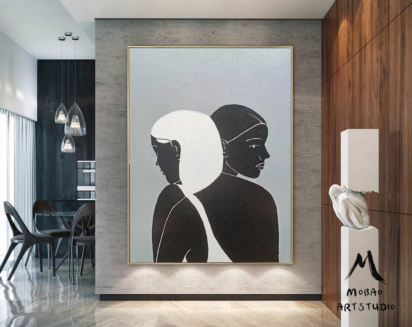 Sexy Women Abstract Painting Original,Minimalist Art,Large Gray Abstract Painting, Black and White Abstract Painting, Large Living Room Art