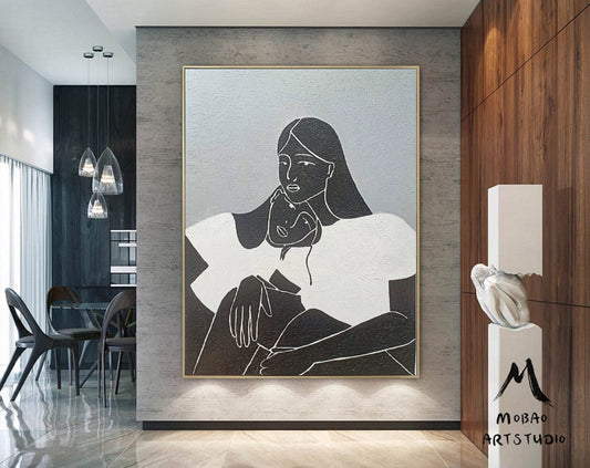 Large Black and White Abstract Painting, Black Women Abstract Painting Original,Minimalist Art,Gray Abstract Painting, Large Living Room Art