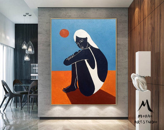 Large Abstract Painting Original, Minimalist Art Abstract Painting, Black Women Art Painting Blue Abstract Painting, Large Sofa Wall Art