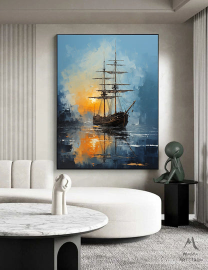 Sailboat Abstract Oil Painting Artwork,Large Wall Art Sailboat Painting,Sailing Oil Painting,Nautical Landscape Painting Art on Canvas