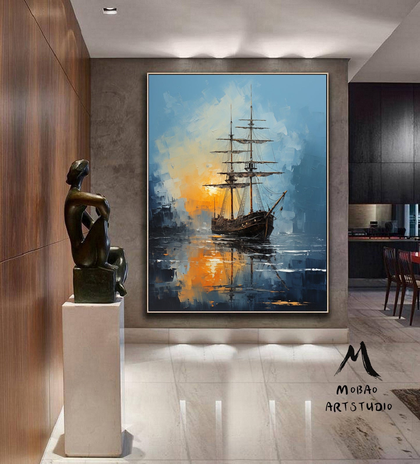 Sailboat Abstract Oil Painting Artwork,Large Wall Art Sailboat Painting,Sailing Oil Painting,Nautical Landscape Painting Art on Canvas