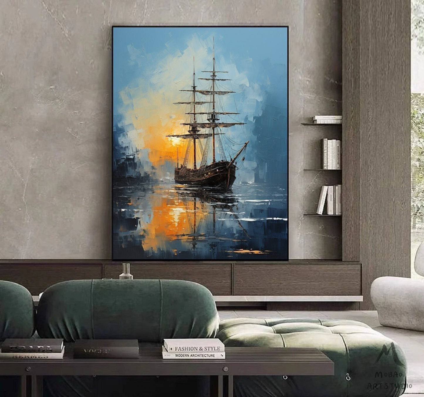 Sailboat Abstract Oil Painting Artwork,Large Wall Art Sailboat Painting,Sailing Oil Painting,Nautical Landscape Painting Art on Canvas