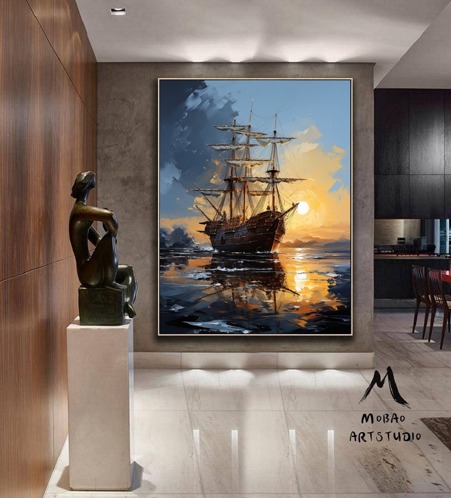 Nautical Landscape Painting Art on Canvas, Sailboat Abstract Painting, Sailboat Canvas Art, Sailboat Painting Wall Art,Sailboat Painting Art