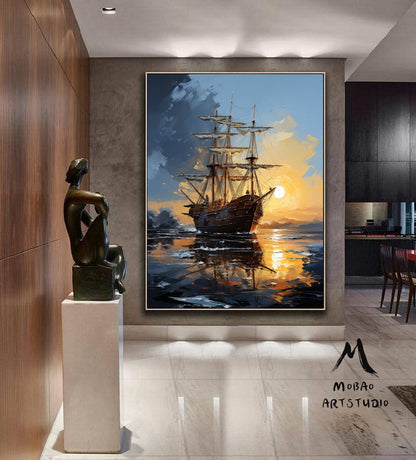 Nautical Landscape Painting Art on Canvas, Sailboat Abstract Painting, Sailboat Canvas Art, Sailboat Painting Wall Art,Sailboat Painting Art