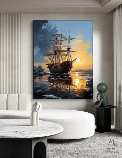 Nautical Landscape Painting Art on Canvas, Sailboat Abstract Painting, Sailboat Canvas Art, Sailboat Painting Wall Art,Sailboat Painting Art