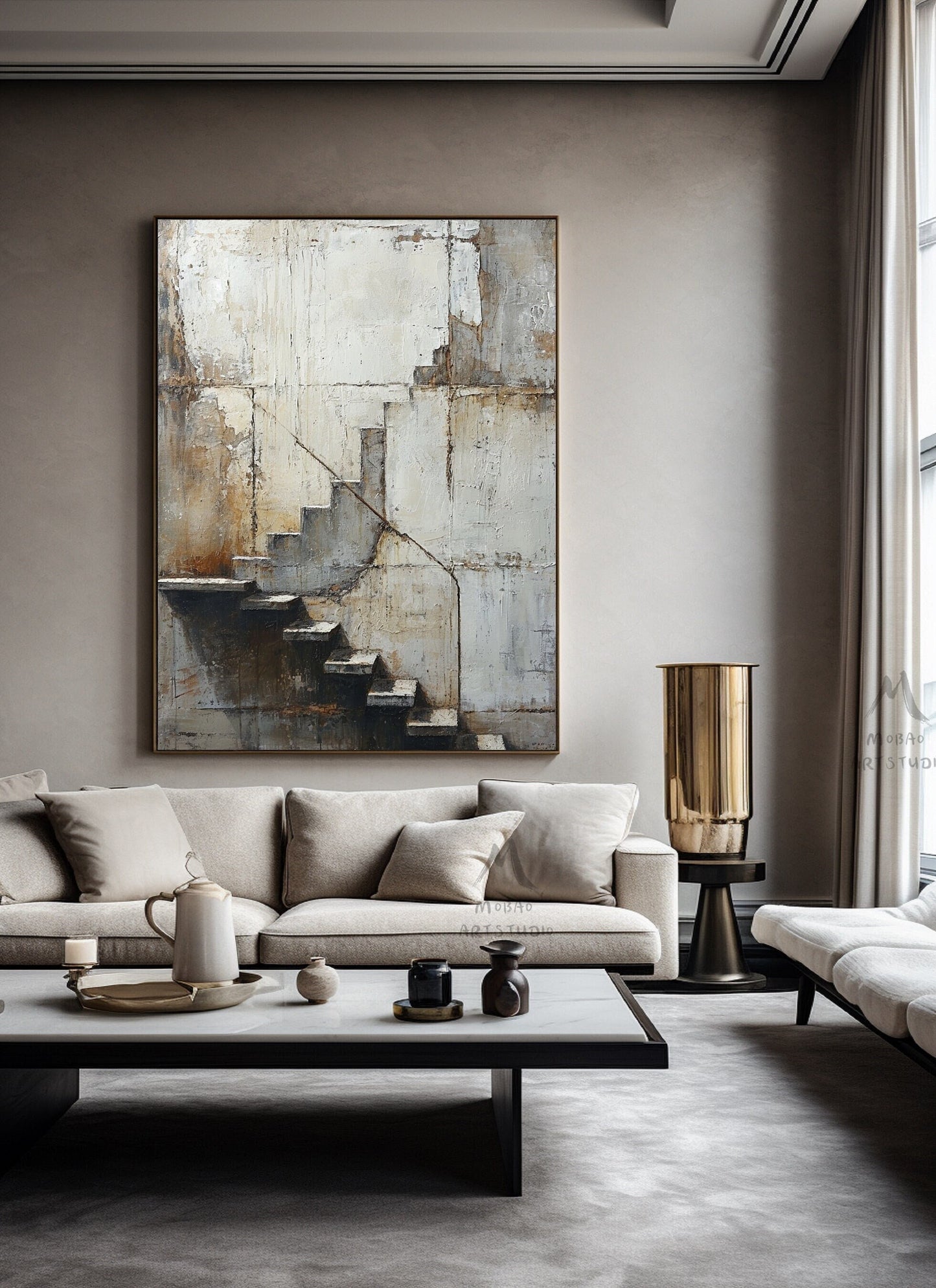 Beige Abstract Painting Boho Wall Art Neutral Canvas Painting Gray Canvas Art Wabi Sabi Wall Art Brown Abstract Art Beige Wall Art #Treppe-5
