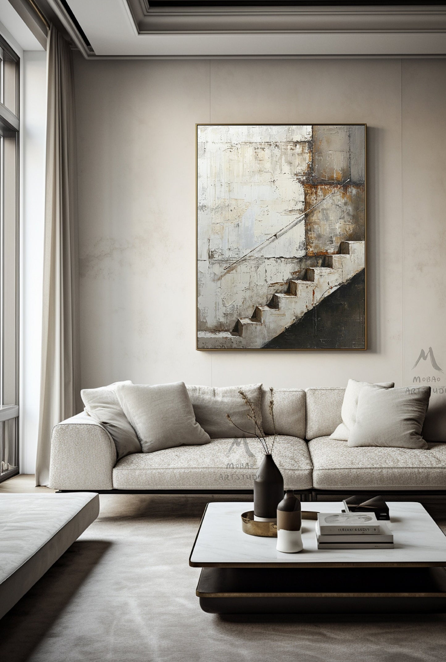 Beige Abstract Painting Gray Canvas Painting Wabi Sabi Wall Art Neutral Canvas Art Boho Wall Art Black Abstract Art Beige Wall Art #Treppe-4