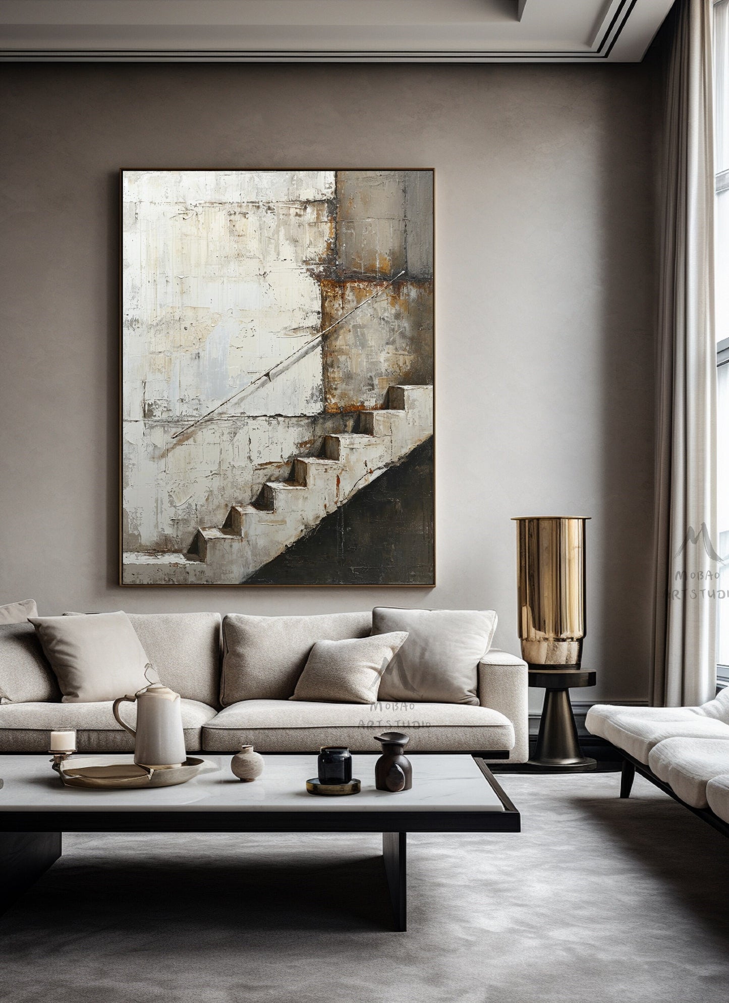 Beige Abstract Painting Gray Canvas Painting Wabi Sabi Wall Art Neutral Canvas Art Boho Wall Art Black Abstract Art Beige Wall Art #Treppe-4