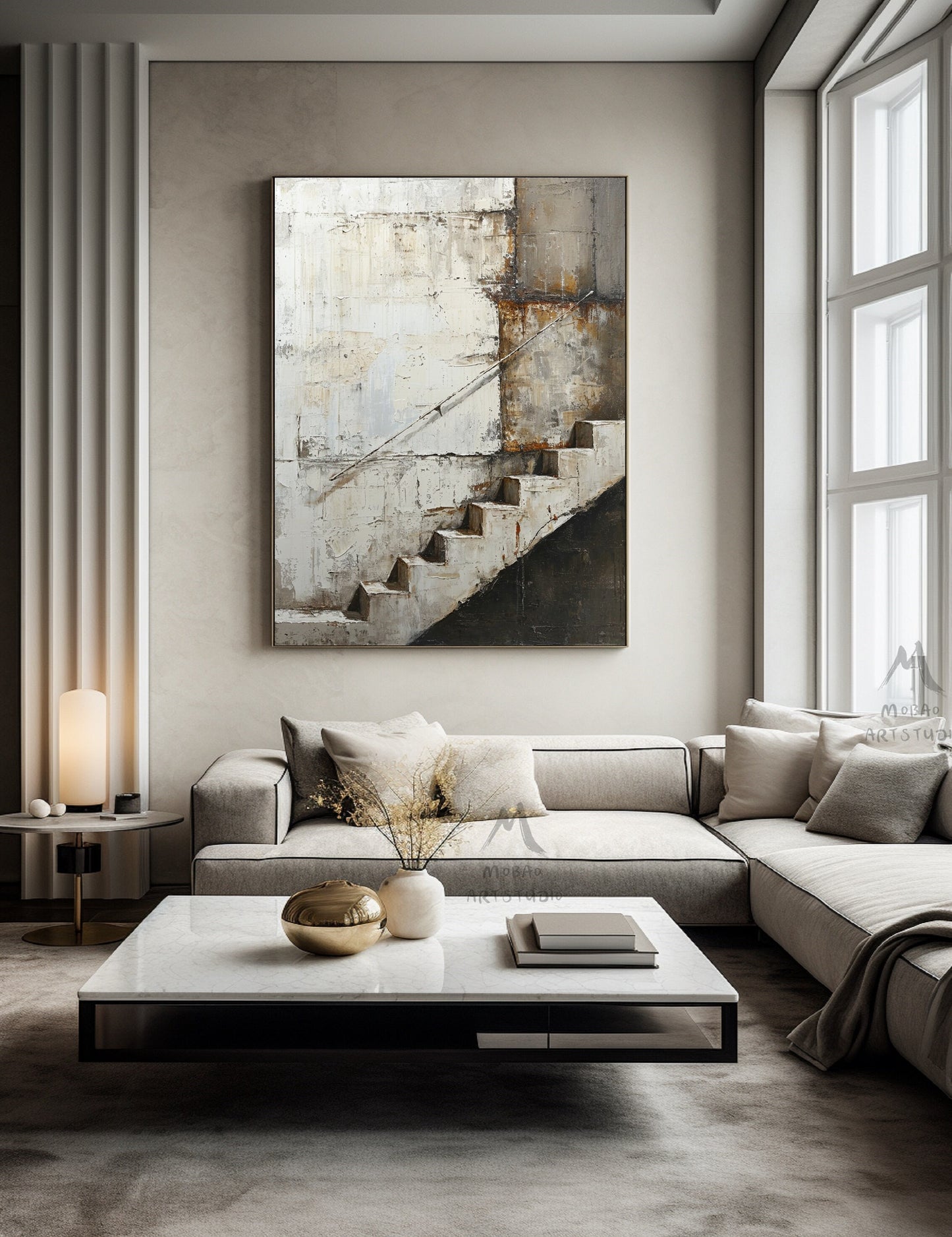 Beige Abstract Painting Gray Canvas Painting Wabi Sabi Wall Art Neutral Canvas Art Boho Wall Art Black Abstract Art Beige Wall Art #Treppe-4