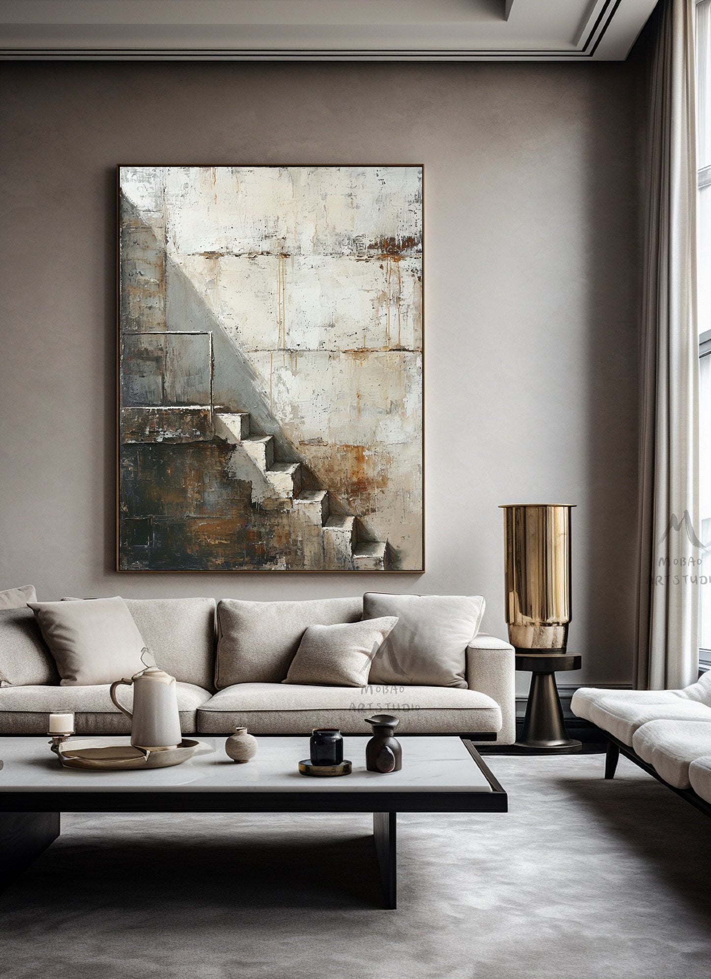 Beige Abstract Painting Boho Wall Art Neutral Wall Art Wabi Sabi Wall Art Gray Canvas Painting Brown Abstract Art Beige Wall Art #Treppe-3