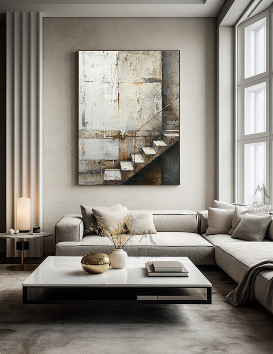 Boho Wall Art Gray Canvas Art Beige Abstract Painting Neutral Canvas Painting Wabi Sabi Wall Art Brown Abstract Art Beige Wall Art #Treppe-1