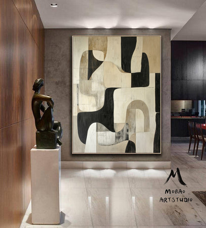 Beige Wabi Sabi Wall Art Black Beige Abstract Painting Large Black Minimalist Wall Art Beige Textured Canvas Painting Neutral Wall Decor