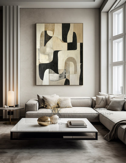 Beige Wabi Sabi Wall Art Black Beige Abstract Painting Large Black Minimalist Wall Art Beige Textured Canvas Painting Neutral Wall Decor