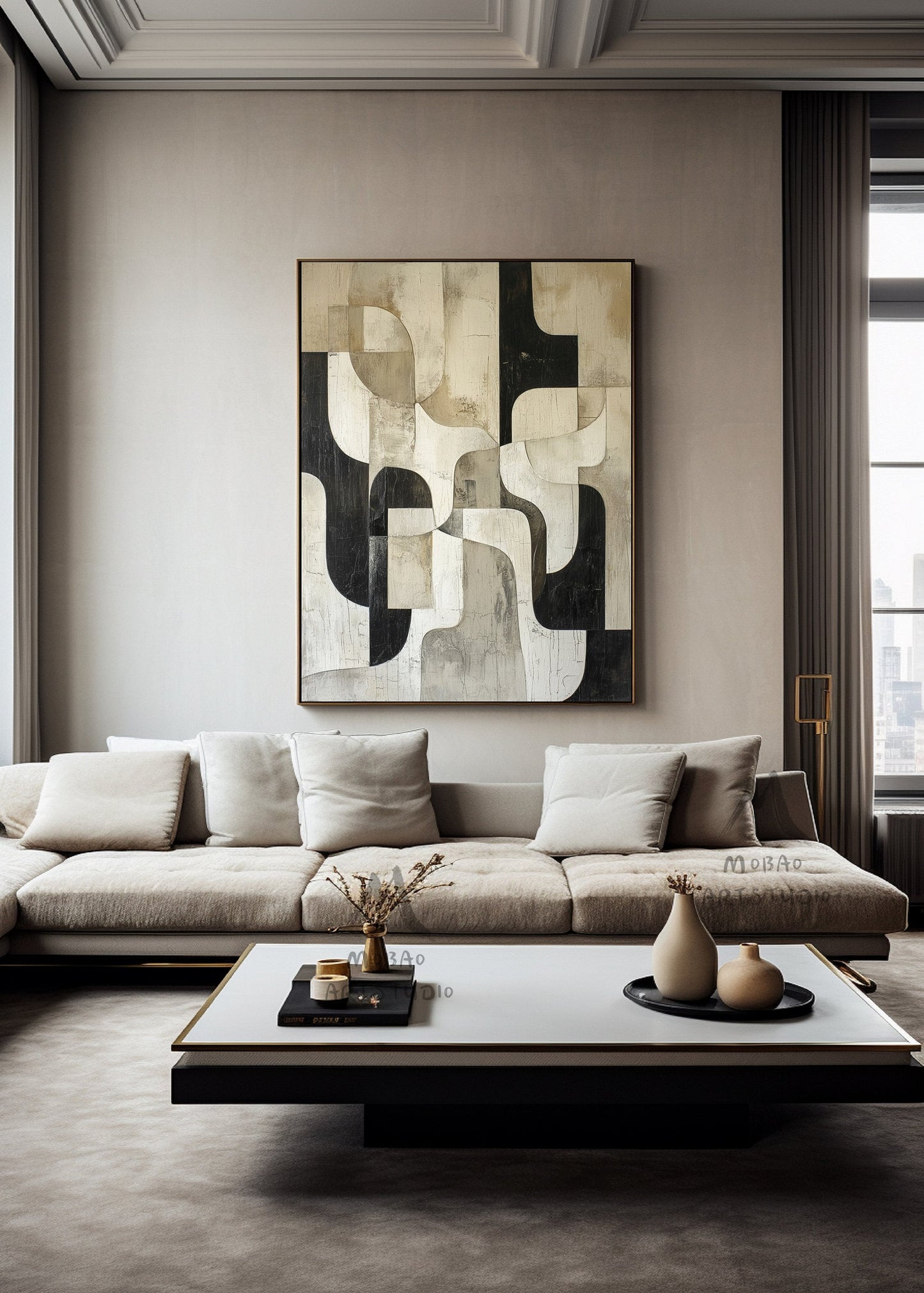 Beige Textured Canvas Painting Black Wall Art Wabi Sabi Wall Art Beige Abstract Painting Large Black Minimalist Wall Art Neutral Wall Decor