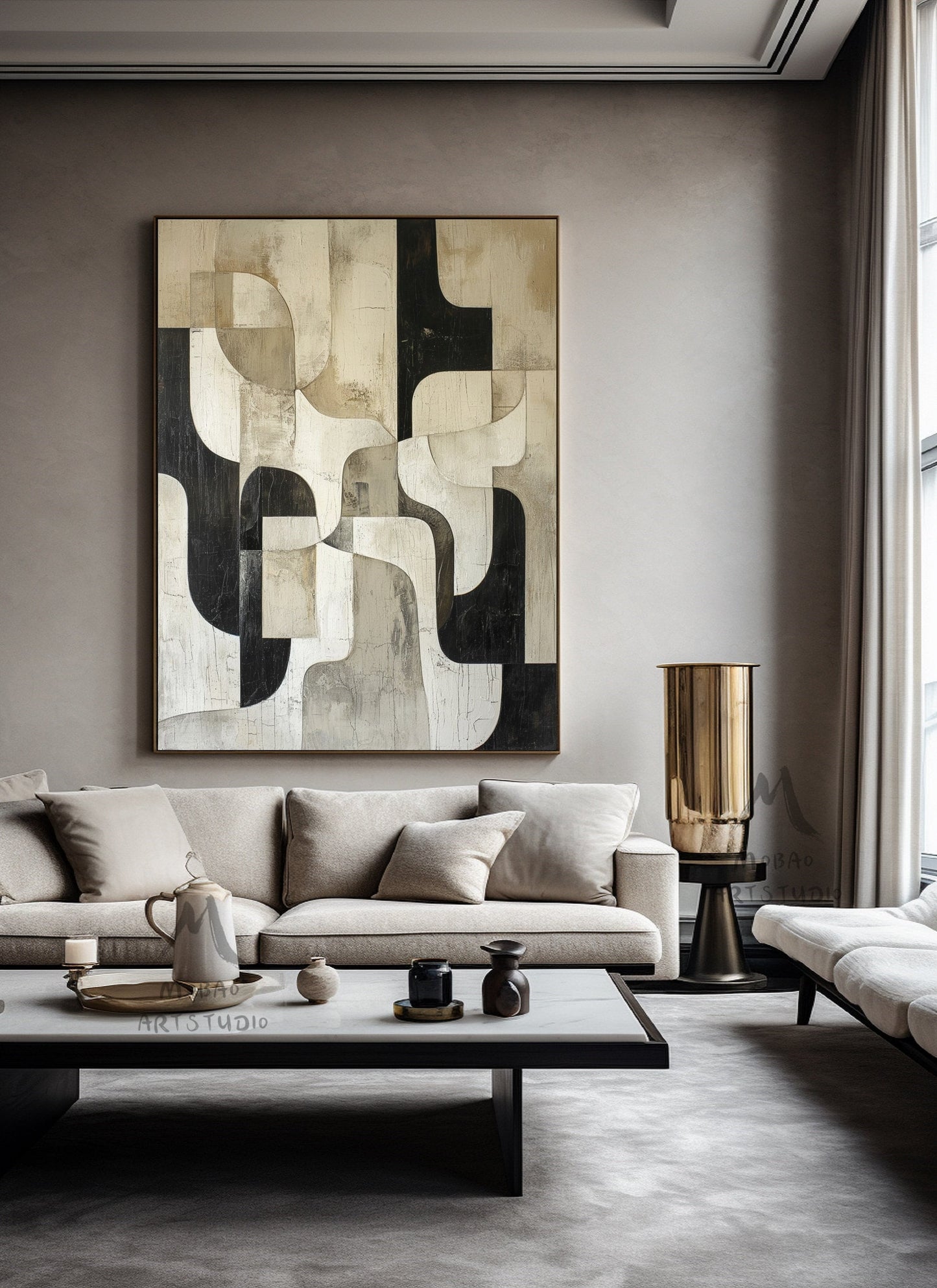 Beige Textured Canvas Painting Black Wall Art Wabi Sabi Wall Art Beige Abstract Painting Large Black Minimalist Wall Art Neutral Wall Decor