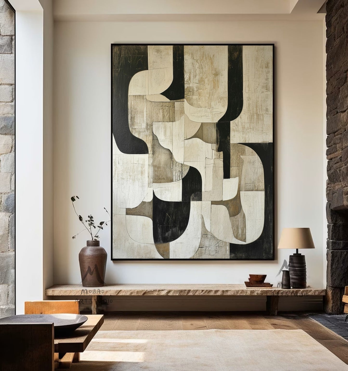 Beige Abstract Painting Beige Textured Canvas Painting Black Wall Art Wabi Sabi Wall Art Large Black Minimalist Wall Art Neutral Wall Decor