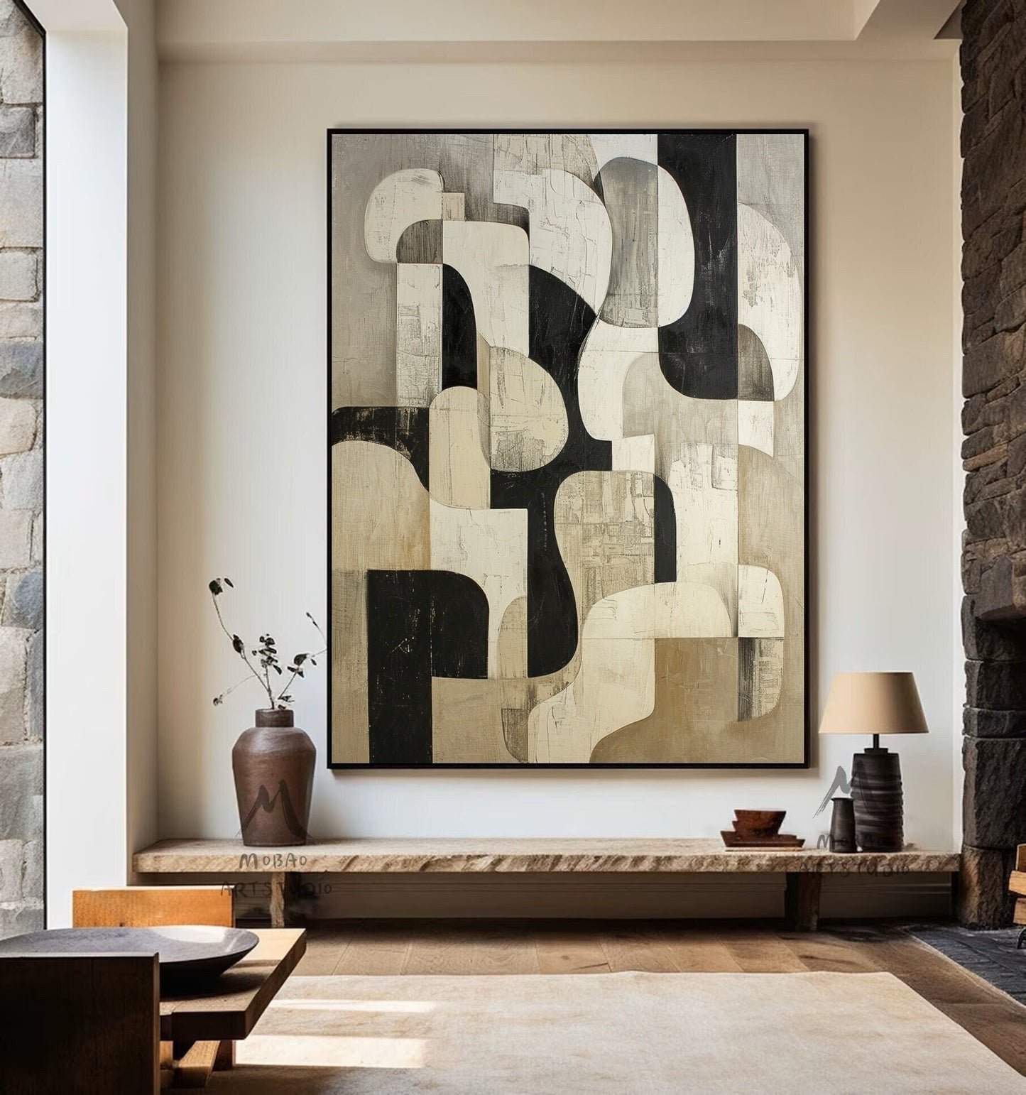 Beige Wabi Sabi Wall Art Black Wall Art Beige Abstract Painting Large Black Minimalist Art Beige Textured Canvas Painting Neutral Wall Decor