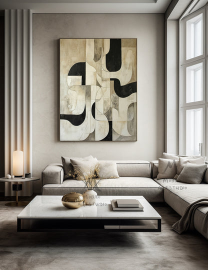 Beige Textured Canvas Painting Black Wall Art Beige Abstract Painting Beige Wabi Sabi Wall Art Large Black Minimalist Art Neutral Wall Decor