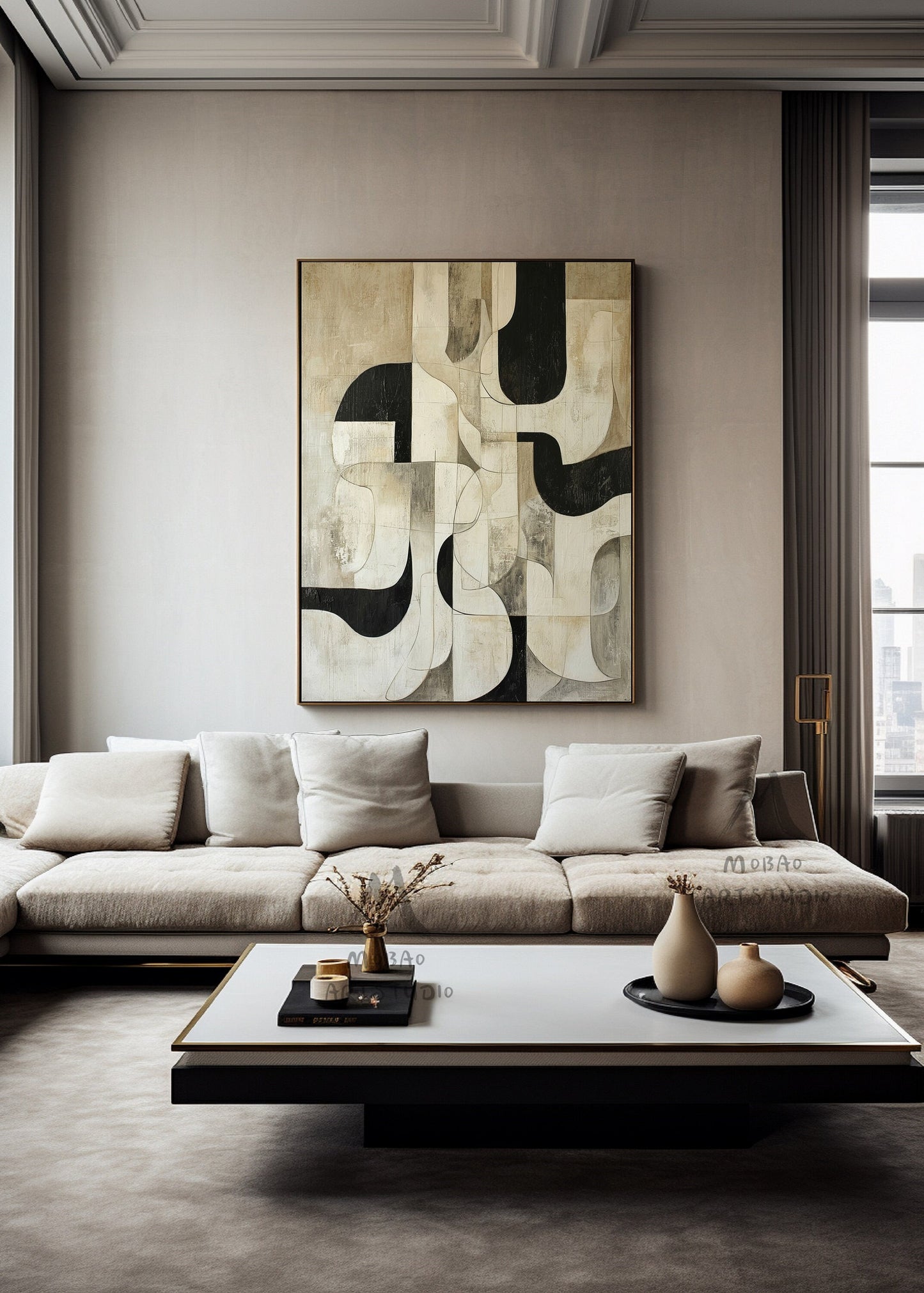 Beige Textured Canvas Painting Black Wall Art Beige Abstract Painting Beige Wabi Sabi Wall Art Large Black Minimalist Art Neutral Wall Decor