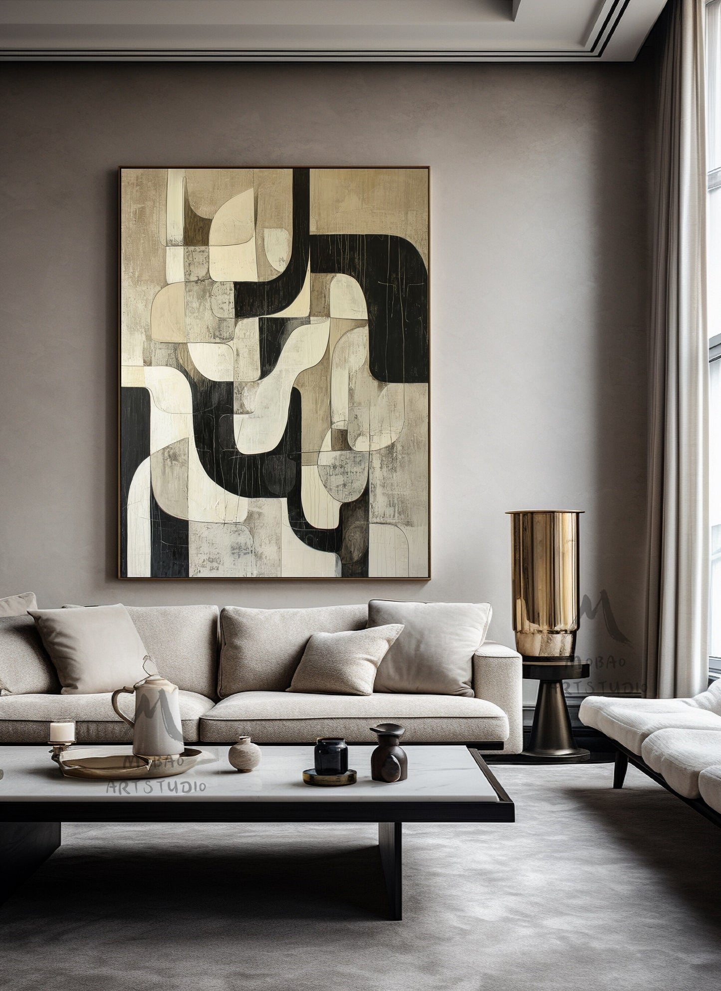 Beige Abstract Painting Black Wall Art Beige Textured Canvas Painting Beige Wabi Sabi Wall Art Large Black Minimalist Art Neutral Wall Decor