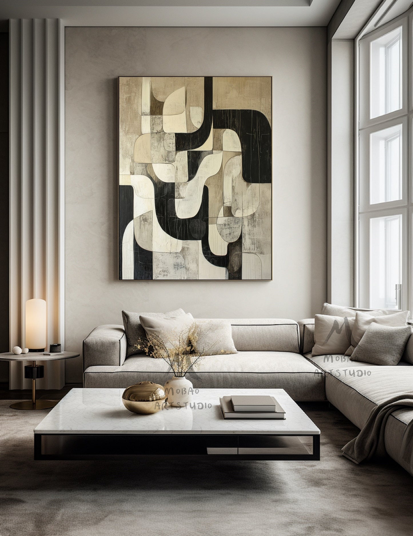 Beige Abstract Painting Black Wall Art Beige Textured Canvas Painting Beige Wabi Sabi Wall Art Large Black Minimalist Art Neutral Wall Decor