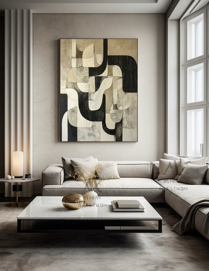 Beige Abstract Painting Black Wall Art Beige Textured Canvas Painting Beige Wabi Sabi Wall Art Large Black Minimalist Art Neutral Wall Decor