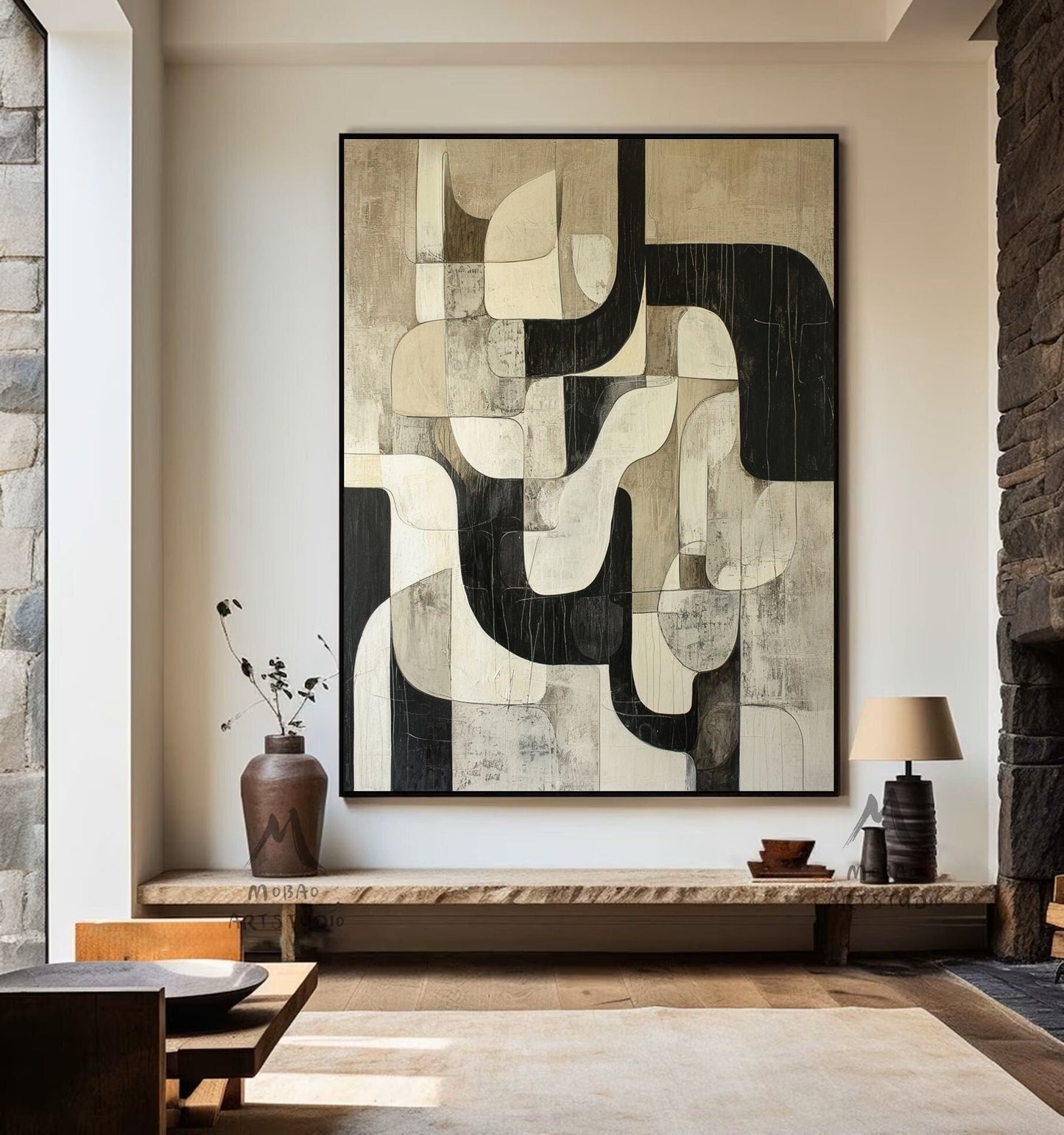 Beige Abstract Painting Black Wall Art Beige Textured Canvas Painting Beige Wabi Sabi Wall Art Large Black Minimalist Art Neutral Wall Decor