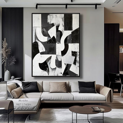 Large Black Wall Art Black And White Abstract Minimal Painting on Canvas Modern Textured Wall Art Contemporary Abstract Art for Living Room