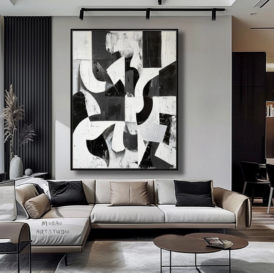 Large Black Wall Art Black And White Abstract Minimal Painting on Canvas Modern Textured Wall Art Contemporary Abstract Art for Living Room