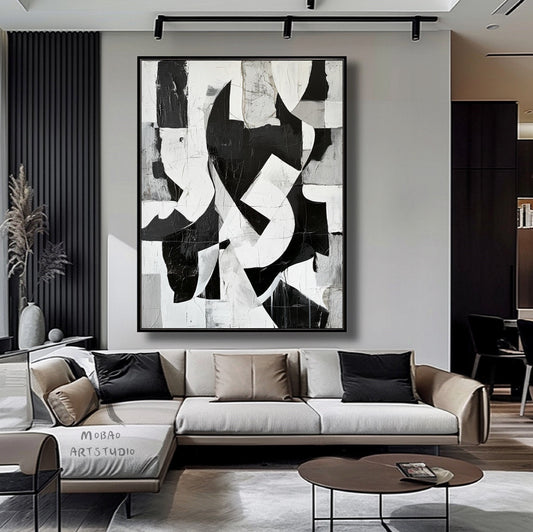 Black White Minimalist Painting Black and White Abstract Painting Boho Wall Art Abstract Painting Modern Wall Art Decor Original Canvas Art