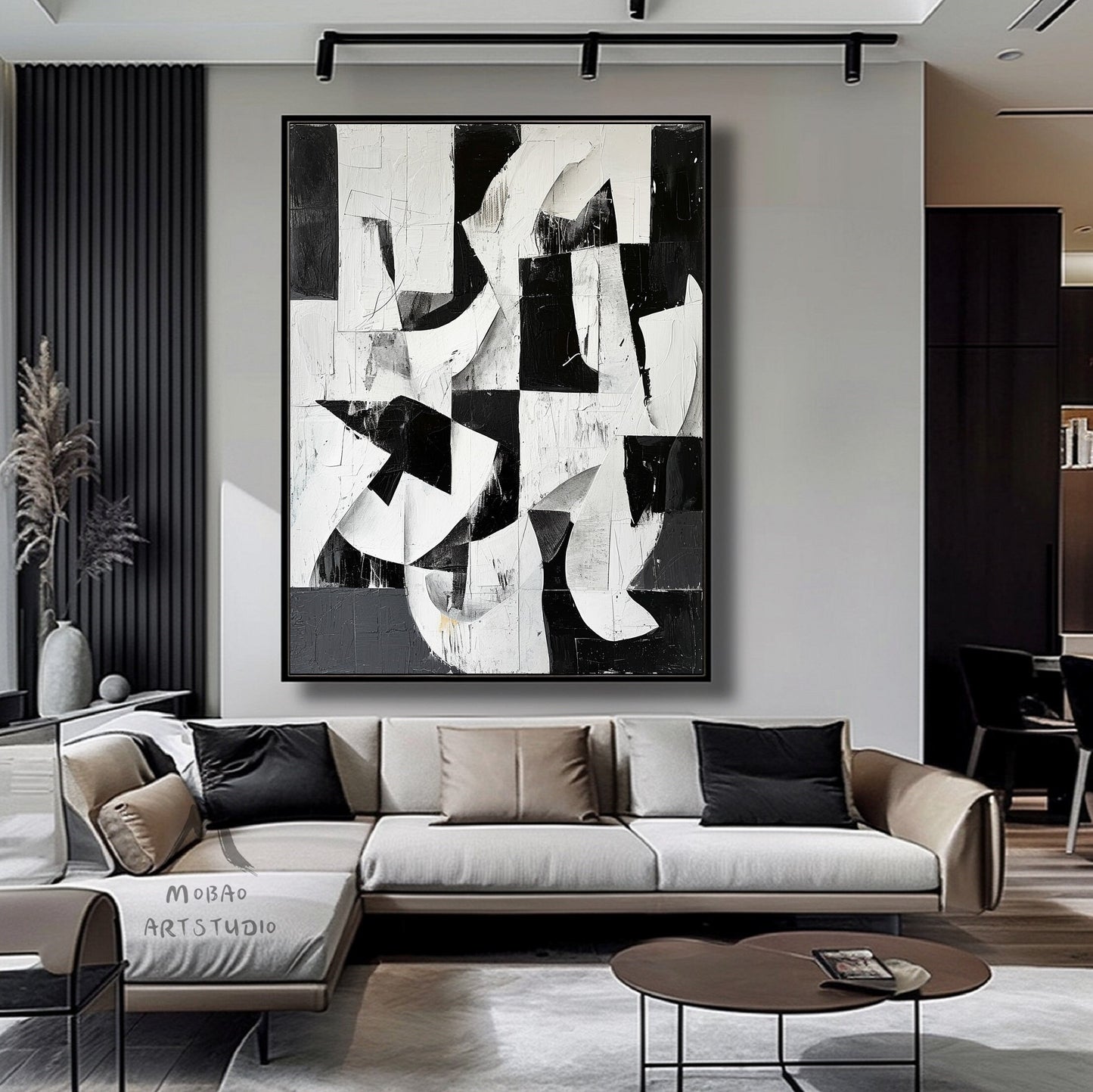 Large Black Wall Art Black And White Abstract Minimal Painting on Canvas White Textured Wall Art Contemporary Abstract Art for Living Room